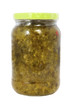 Isolated jar of pickle relish with green cap. Vertical.
