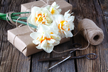 Spring flowers on a old wooden Background