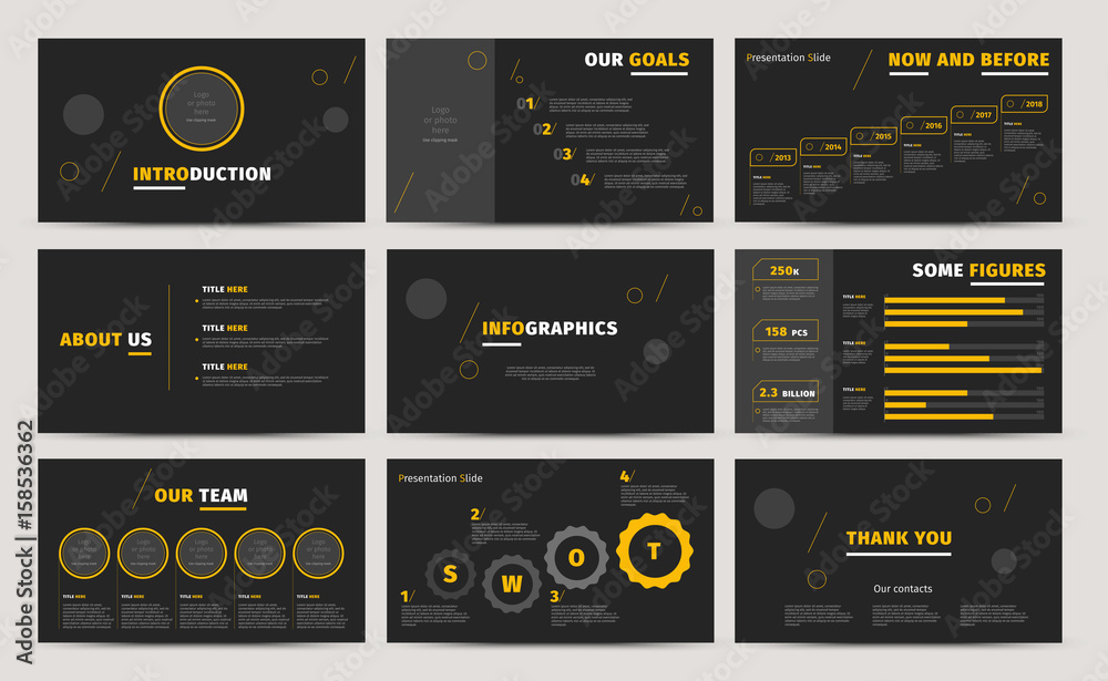 Corporate presentation slides design. Creative business proposal or annual report. Full HD vector keynote infographics template on black layout. Startup project advertising brochure. - obrazy, fototapety, plakaty 
