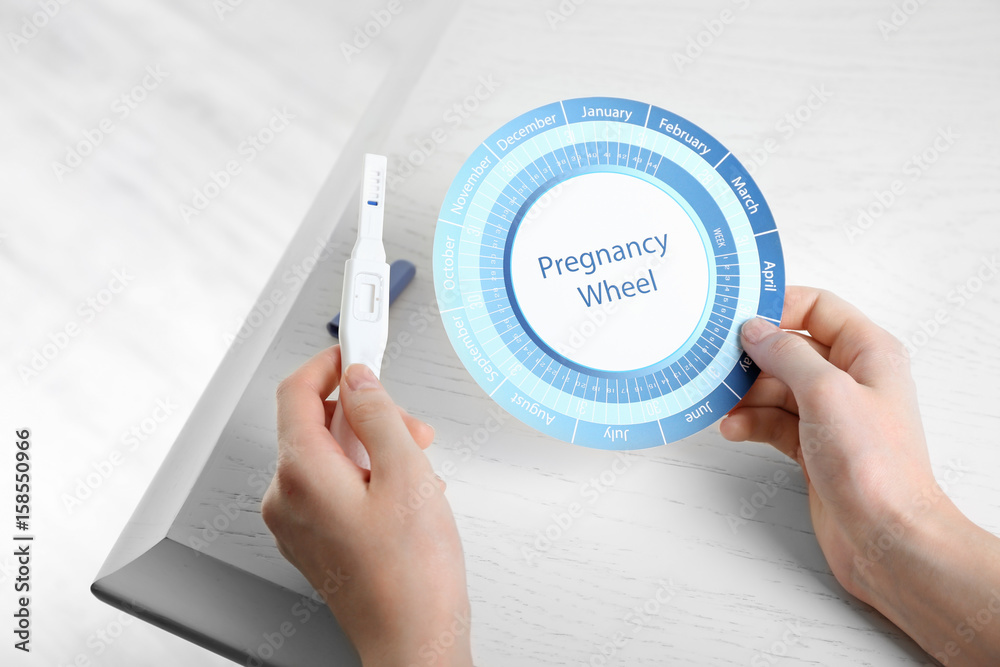 Female hands holding pregnancy wheel calendar and test above table