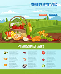 Wall Mural - Farm fresh vegetable banner with rural landscape vector illustration. Natural growing, agriculture farming, vegan product poster. Tomato, onion, cabbage, pepper, corn, onion in basket on wooden table