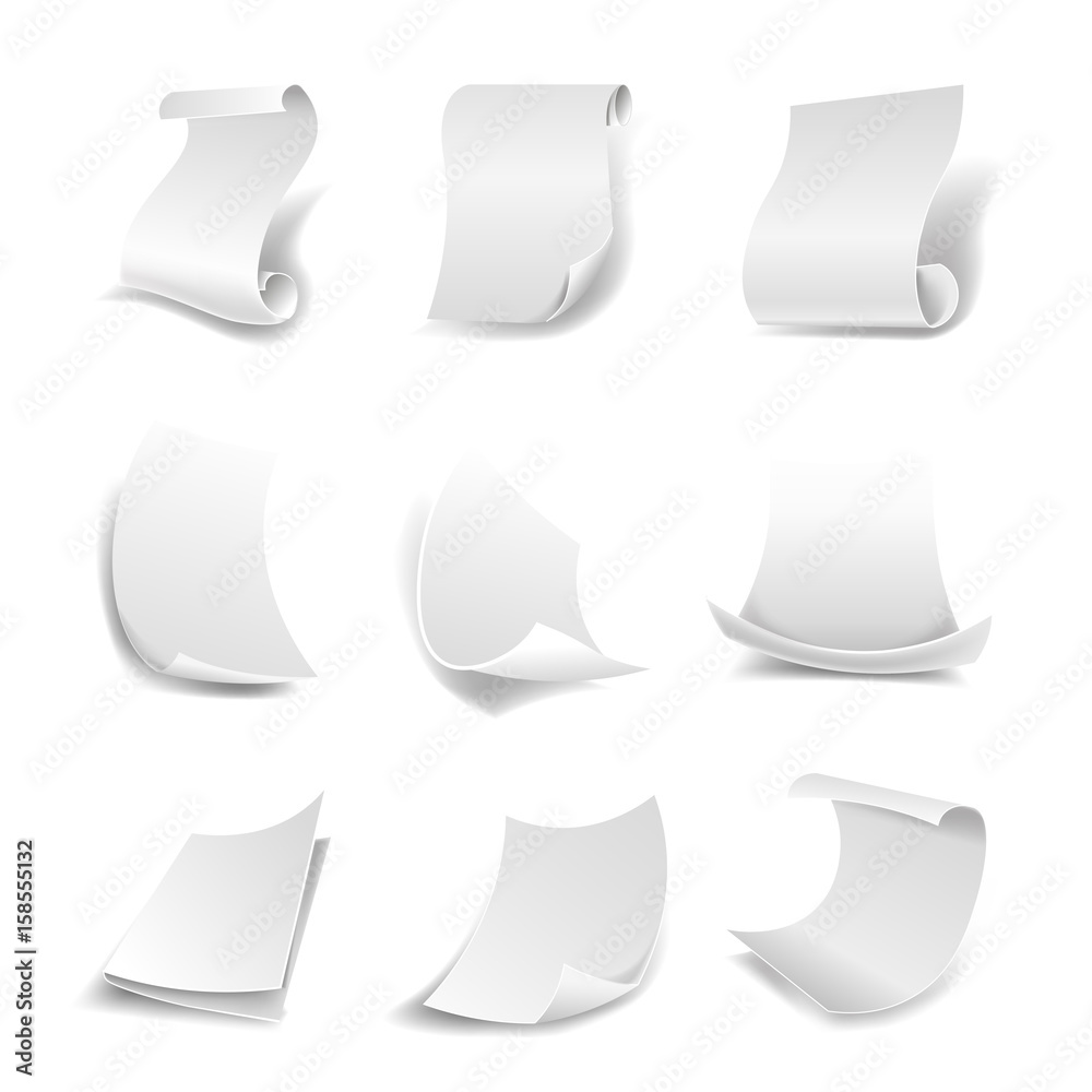 Blank white paper sheets in rolls or curved sides vector isolated icons ...