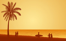 Silhouette People With Surfboard On Beach Under Sunset Sky Background In Flat Icon Design