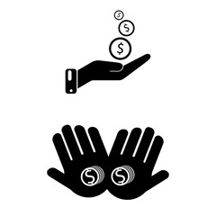 Set of 2 vectors. Pictogram money in hand icon. Black icon on white background.