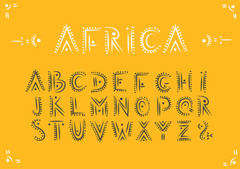 Aufkleber - Vector handwritten alphabet in African ethnic style. Uppercase ornamental black letters on a yellow background.