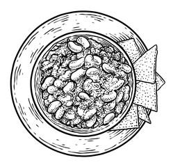 Chili con carne illustration, drawing, engraving, ink, line art, vector