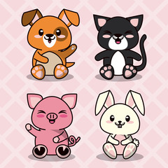 Sticker - pink color background with diamonds silhouettes with cute kawaii domestic animals vector illustration