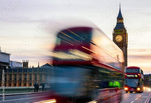 Fotografie, Tablou The Big Ben, House of Parliament and double-decker bus blurred in motion, London
