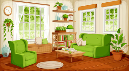 Wall Mural - Vector cozy living room interior with big windows, sofa, armchair and houseplants.