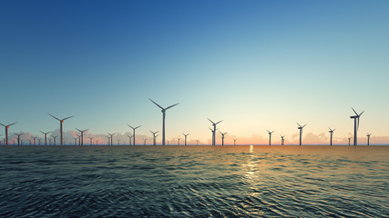 Sunset Wind Turbines on blue sea 3D render