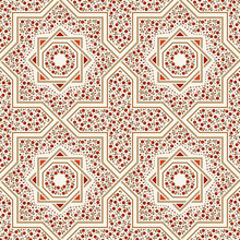 Patterned Floor Tile. Moroccan Pattern Design. Eight-ray Star. Seamless Vector Pattern. Vector Illustration. Moorish Mosaic In Golden And Red. Small Flowers In Octagon Star Shape.