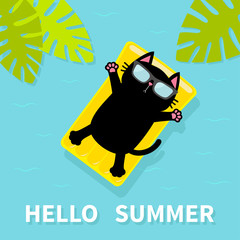 Sticker - Black cat floating on yellow air pool water mattress. Hello Summer. Palm tree leaf. Cute cartoon relaxing character. Sunglasses. Sea Ocean water with zigzag waves. Blue background. Flat design.