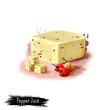 Pepper Jack cheese with red chilli digital art illustration isolated on white background. Fresh dairy product, healthy organic food in realistic design. Delicious appetizer, gourmet snack italian meal