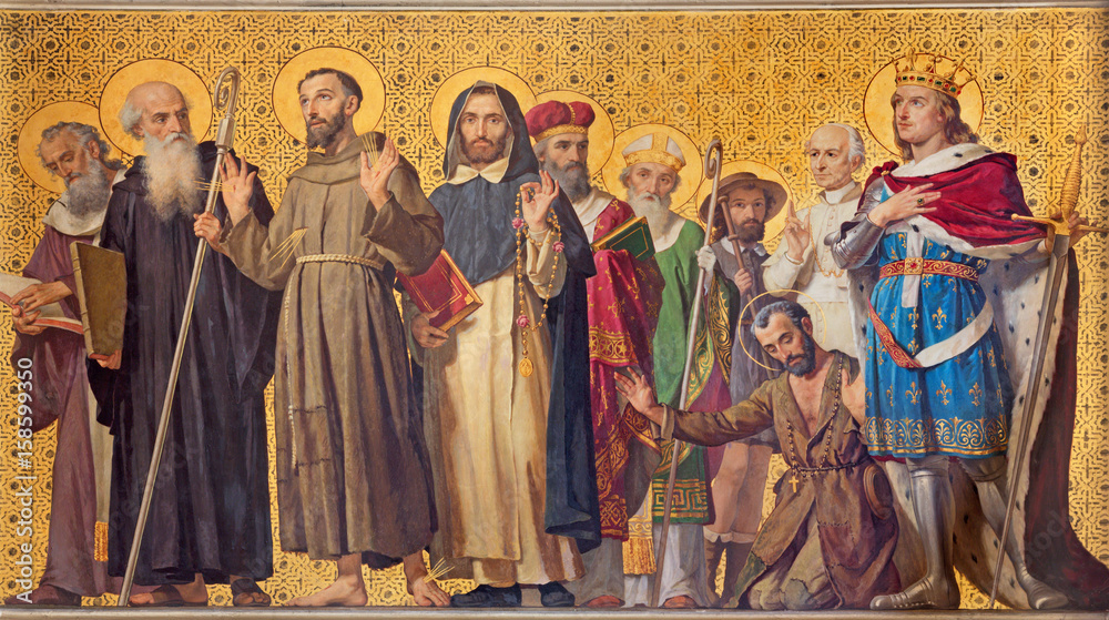 TURIN, ITALY - MARCH 15, 2017: The symbolic fresco of holy Confessor with the in church Chiesa di San Dalmazzo by Enrico Reffo (1831-1917). - obrazy, fototapety, plakaty 