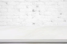 Empty White Marble Table Over Brick Wall Background, Product Display Montage