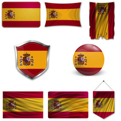 Wall Mural - Set of the national flag of Spain in different designs on a white background. Realistic vector illustration.