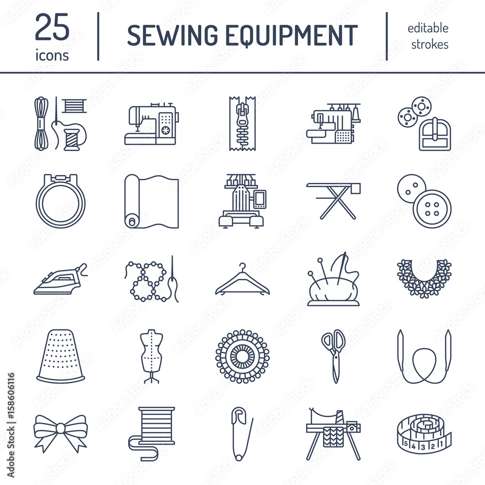 Sewing Tools Sign Sewing equipment, tailor supplies flat line icons set. Needlework ...