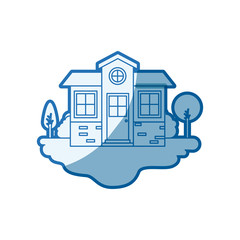 Sticker - blue shading silhouette scene of outdoor landscape and small house facade vector illustration