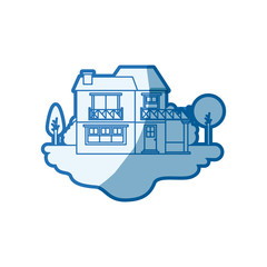 Sticker - blue shading silhouette scene of outdoor landscape and country house of two floors and balcony vector illustration