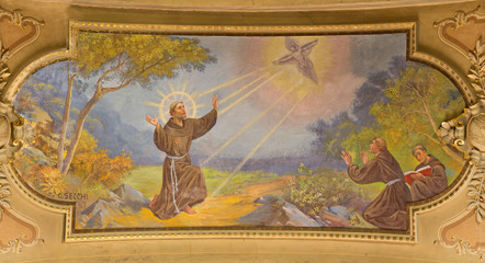 TURIN, ITALY - MARCH 13, 2017: The fresco of Stigimatization of St. Francis of Asissi in ceiling of Church Chiesa di Santo Tomaso by C. Secchi (1963).