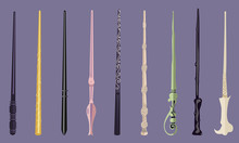 Set Of 9 Different Magic Wands For Witches And Wizards. Vintage Magic Sticks For Witchcraft Schools And Fantasy Games.