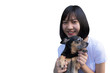 © krisana - Portrait of a young woman holding a little black dog. Little looking for something.