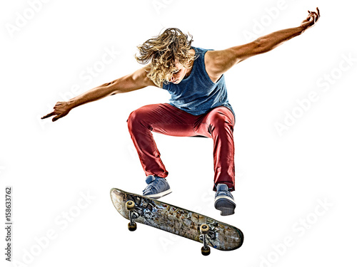 Fotomural one caucasian skateboarder young teenager man skateboarding isolated on white ba