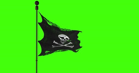 Wall Mural - ripped tear grunge old fabric texture of the pirate skull flag waving in wind, calico jack pirate symbol at chroma key green screen background, dark mystery style, hacker and robber concept