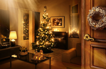 Wall Mural - Open door reveals Christmas tree in warm feeling living room