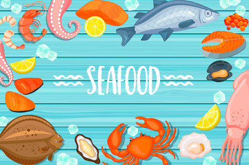 Seafood lettering on blue wooden background