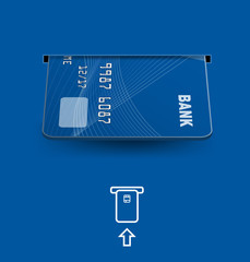 Credit cards in ATM on blue background. Vector illustration