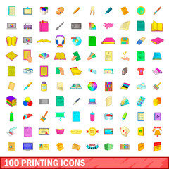 Poster - 100 printing icons set, cartoon style