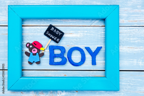 Baby Shower Boy Bear With Blackboard Sign In Frame On Blue