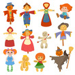 Different dolls toy character game dress and farm scarecrow rag-doll vector illustration