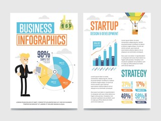 Sticker - Business infographics banner set with chart and businessman vector illustration. Abstract data visualization element, marketing chart, graph. Startup strategy, business statistics, planning, analytics