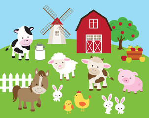 vector illustration of farm animals such as cow, horse, pig, sheep, chicken, bull, rabbit with barn 