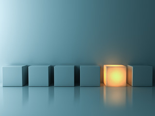 Fototapete - Stand out from the crowd and different creative idea concepts , One glowing cube standing among green cubes on green background in the row with reflections and shadows . 3D rendering.