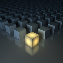 Fototapete - Stand out from the crowd , Different creative idea , Leadership concepts , One glowing yellow light cube among dim cubes on dark grey background with reflections and shadows . 3D rendering.