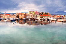 European Marina Port Of Chania Crete On Greek Island, Early Morning Beautiful Landscape Calm Ocean Harbor 