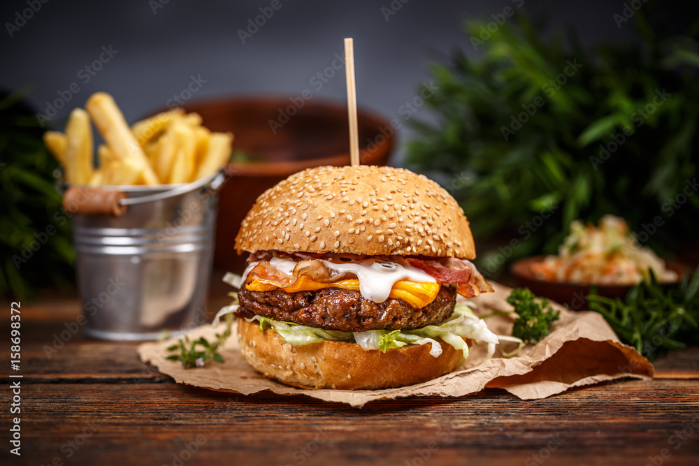 Burger with cheese - obrazy, fototapety, plakaty 