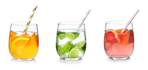 Sticker - Different drinks in glasses on white background. Ideas for summer cocktails