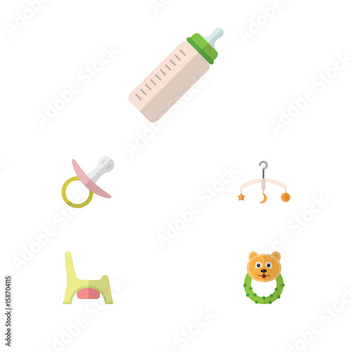 Flat Kid Set Of Feeder Nipple Rattle And Other Vector Objects