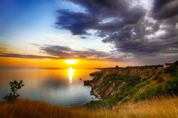 Wall Mural - Dramatic sunset at cape Fiolent with bush and grass at foreground