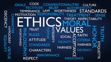 Ethics, Moral, Values Word Tag Cloud. 3D Rendering, Blue Variant.