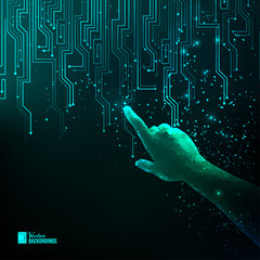 Poster - Human hand points to electrical circuit with shine sparks. Digit board of tecnology electron background. Abstract blue light bacdrop. Digital Vector Illustration.