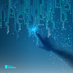Poster - Human hand points to electrical circuit with shine sparks. Digit board of tecnology electron background. Abstract blue light bacdrop. Digital Vector Illustration.
