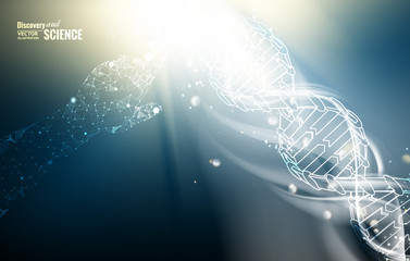 Poster - Science concept image of human hand touching DNA. Blue light abstraction of digital art. Vector illustration.