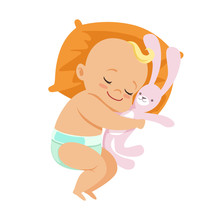 Adorable Little Baby In A Diaper Sleeping And Hugging His Soft Toy Hare, Colorful Cartoon Character Vector Illustration