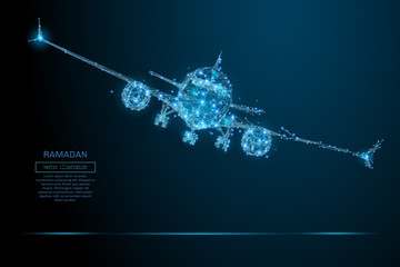 Fototapete - Polygonal airliner low poly. Vector mesh spheres from flying debris. Thin line concept. Blue structure style illustration