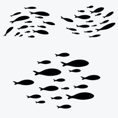 Set silhouettes of groups of sea fishes. Colony of small fish. Icon with river taxers.